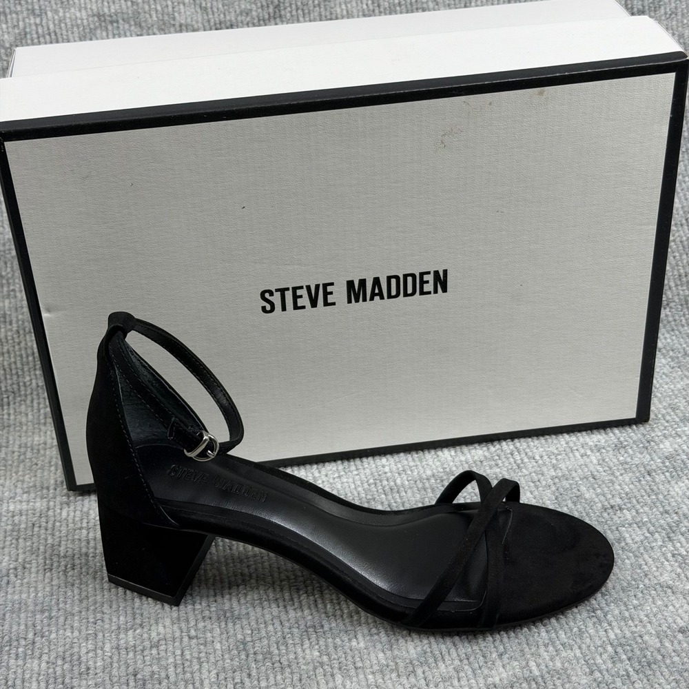 Steve Madden Size-6M Rae Black Suede Block Heel Ankle Strap Sandals